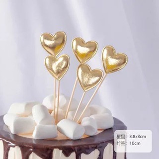 Phụ kiện trang trí bánh sinh nhật_Set 5 que tim bóng vàng MỚI