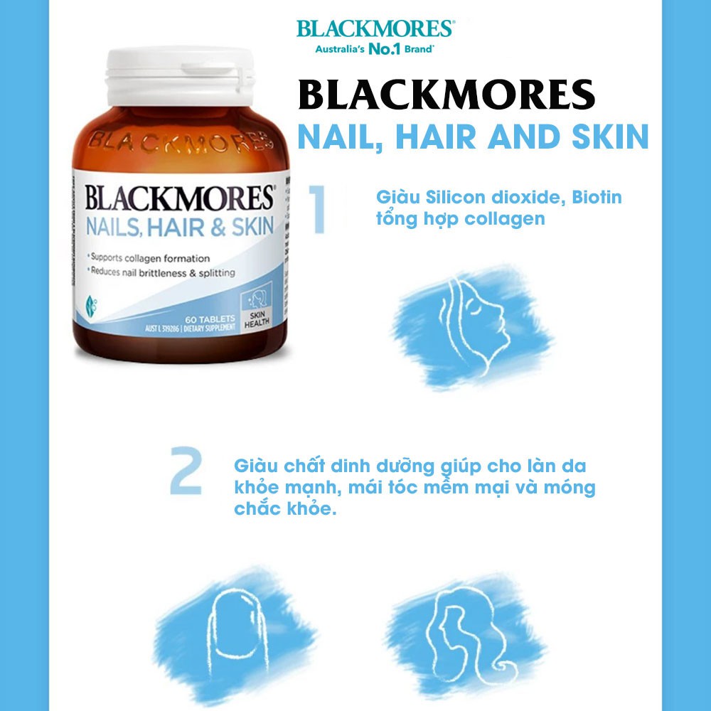 [Chính hãng Úc] Viên uống chăm sóc tóc, da, móng Nail, Hair and Skin Blackmores Úc 60 viên - Date mới