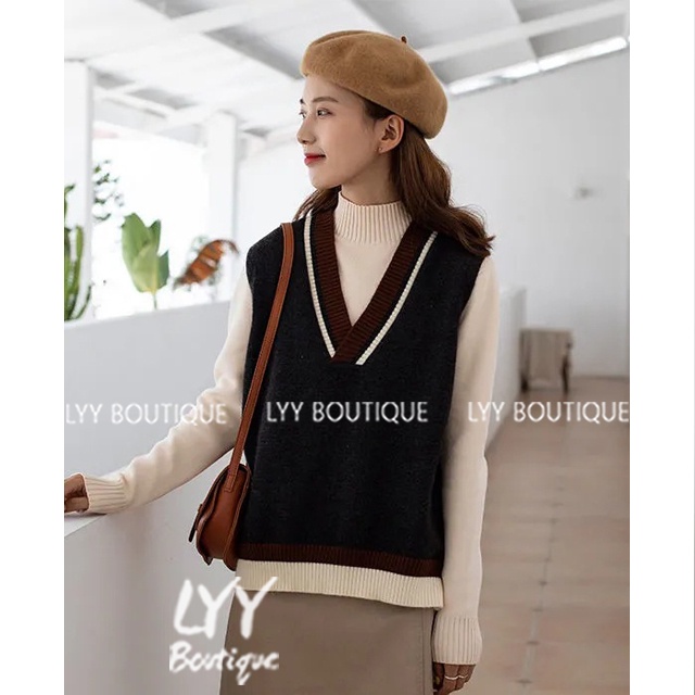 Áo gile len nữ cổ V trơn dệt kim viền kẻ chất đẹp phong cách Hàn Quốc LYY BOUTIQUE | BigBuy360 - bigbuy360.vn