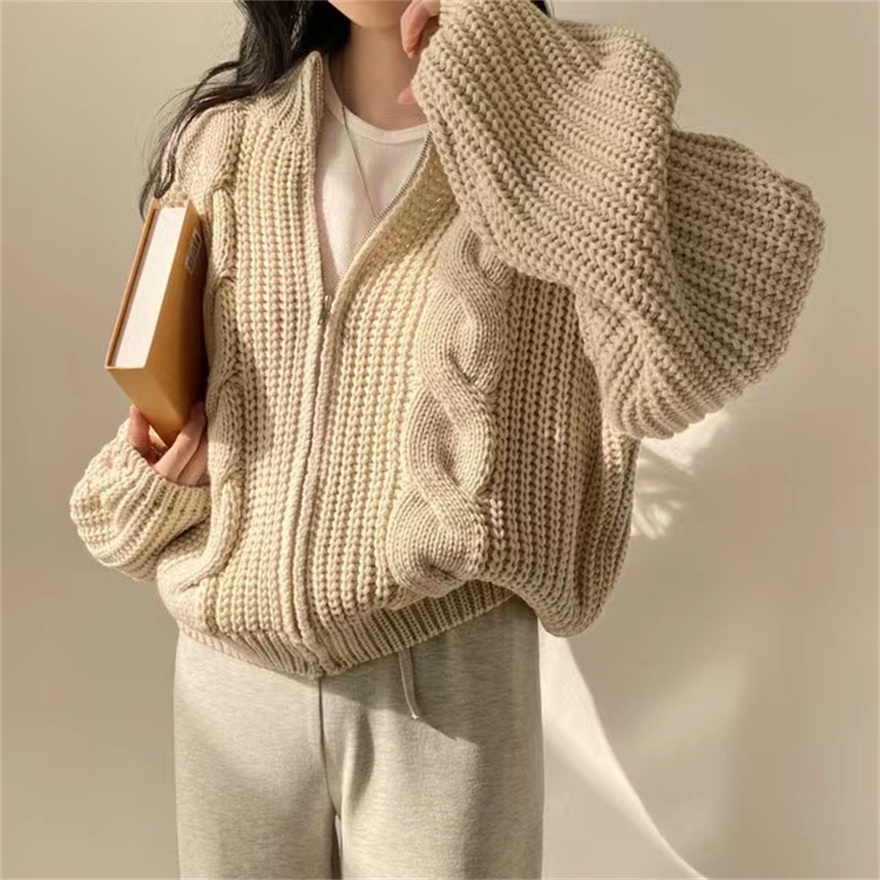 Áo Khoác Cardigan Dệt Kim Dày Dáng Rộng Phối Khóa Kéo Thời Trang Retro Cho Nữ