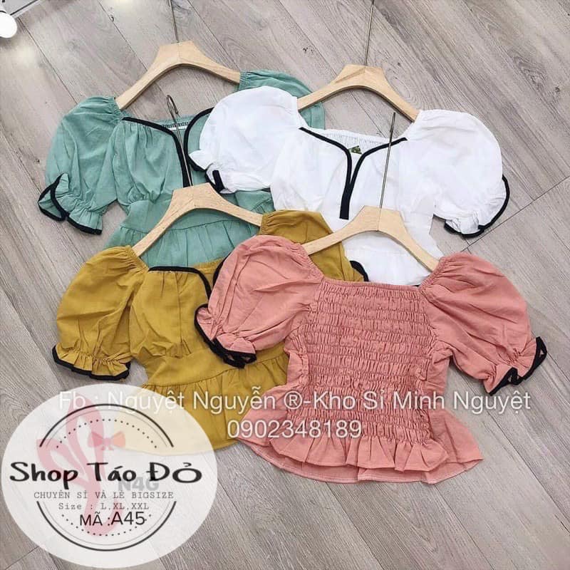 (TÁO ĐỎ BIGSIZE 55-90KG) Áo Peplum Viền Đen Ngực Và Tay phồng siêu xinh A45