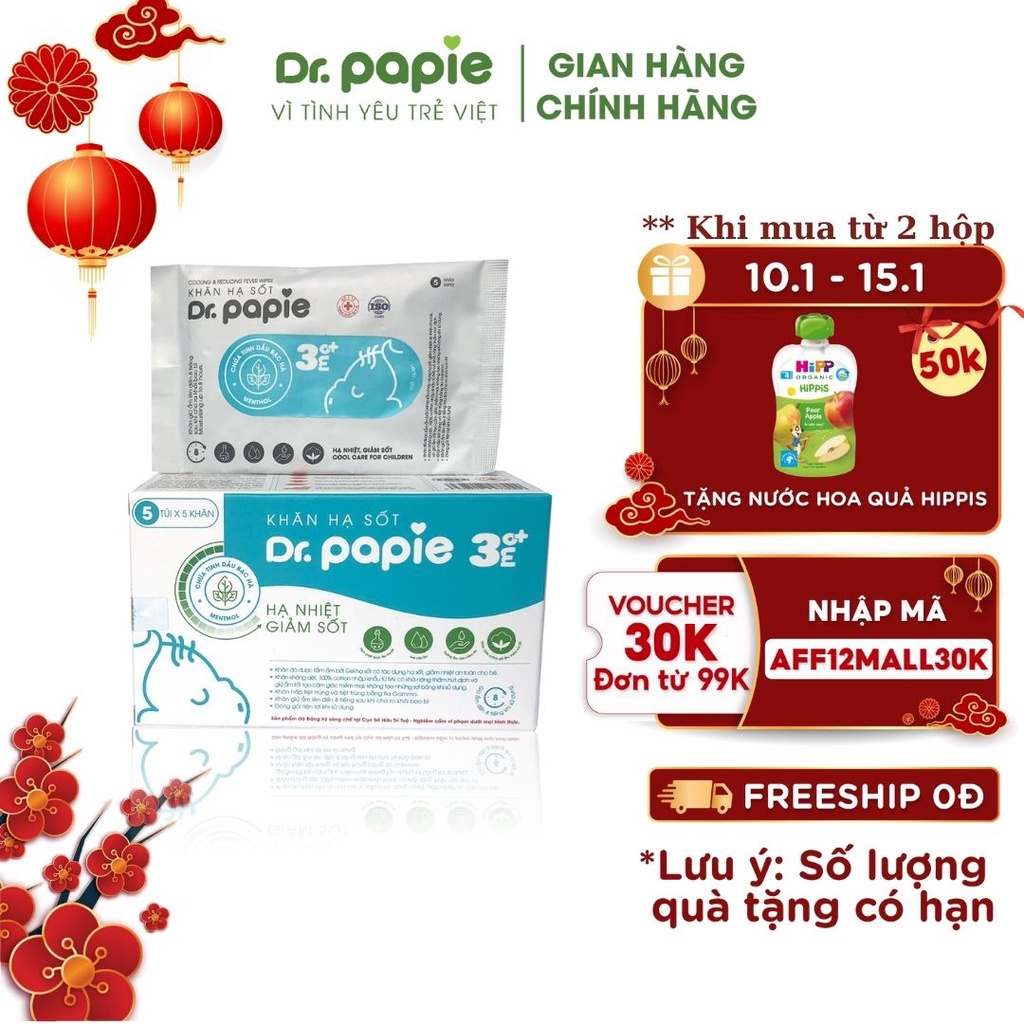 [Mã AFF22MALL30K giảm 30k đơn 99k] Khăn Lau Hạ Sốt Dr Papie 3+ Cho Bé Hạ Nhiệt Giảm Sốt Ngăn Ngừa Co Giật