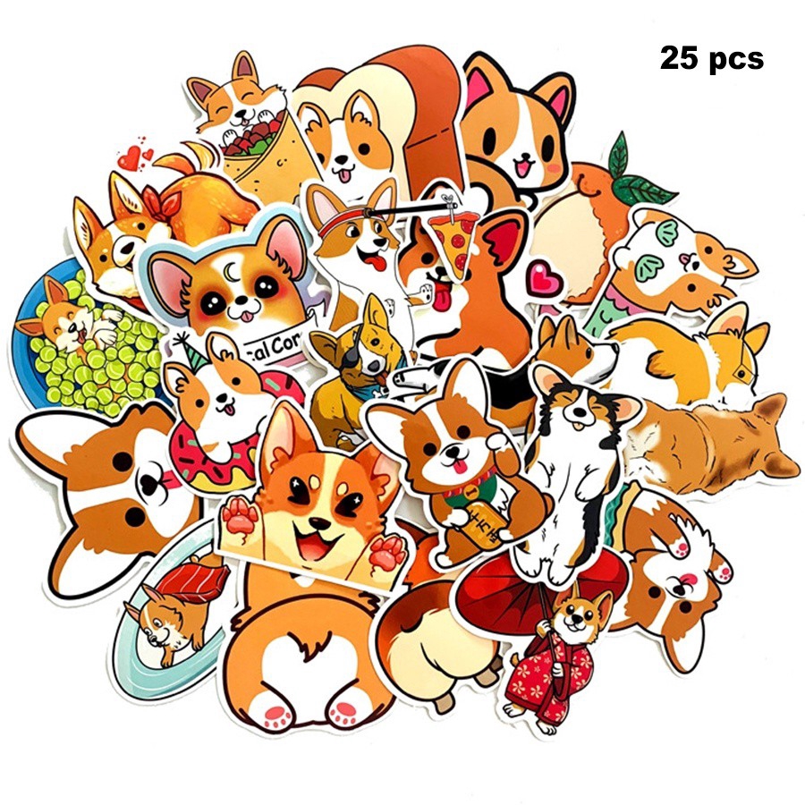 Set 25 miếng sticker dán trang trí chống thấm hình cún Corgi đáng yêu