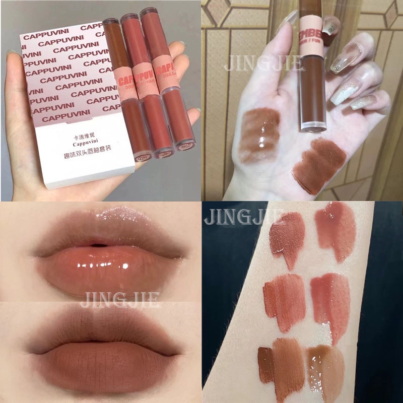 Set 1/3 son kem lì CAPPUVINI/Uslike tông nude 3D chống thấm nước 2 trong 1 thời trang