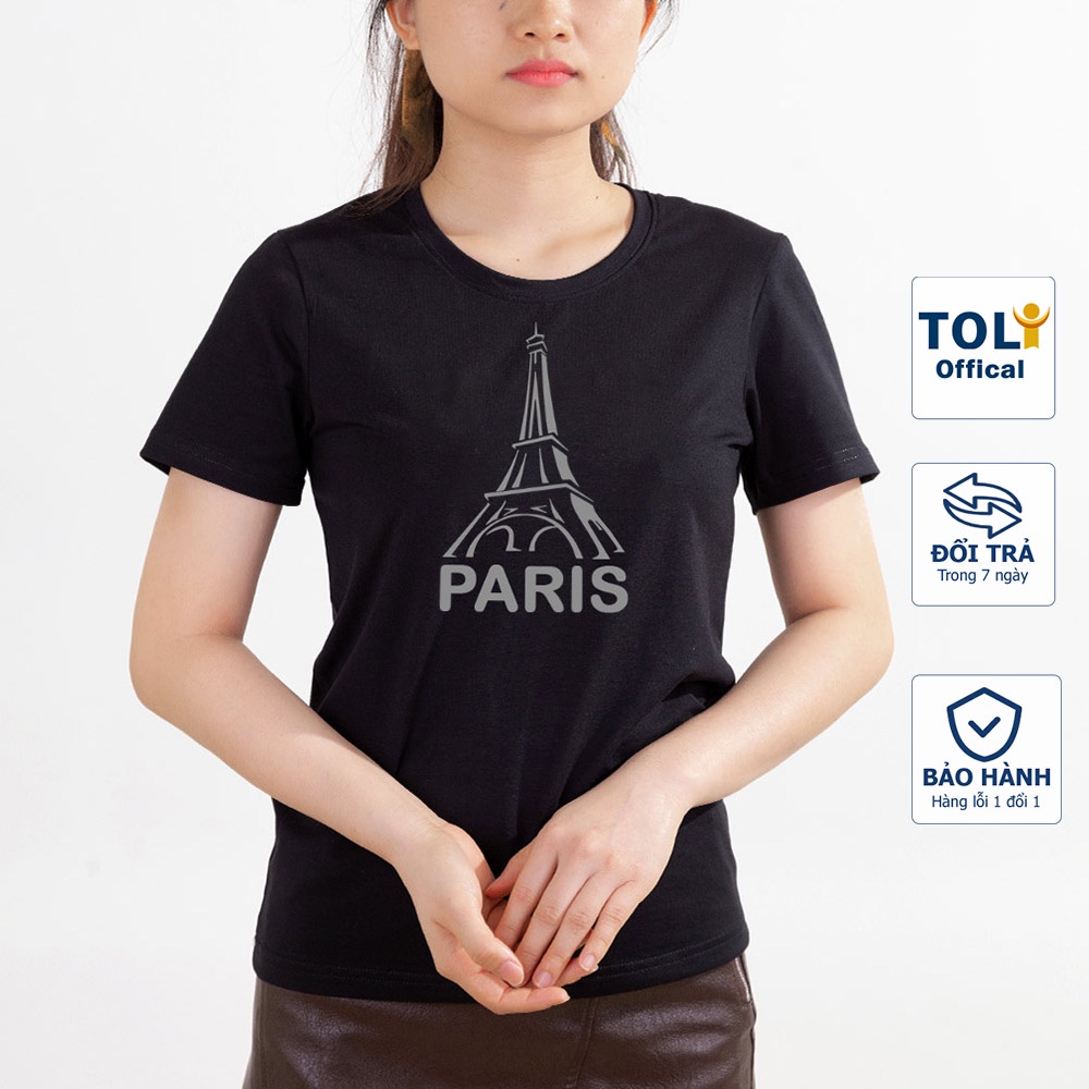 Áo thun nữ TOLI cổ tròn màu đen in Paris, 100% cotton 4 chiều mềm mịn, co dãn, form suông cơ bản