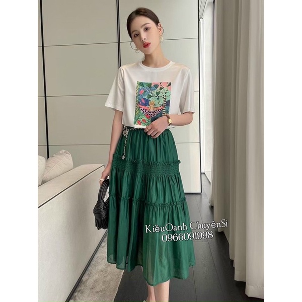 Chân váy lụa tầng dáng xoè dài midi kèm đai siêu xinh