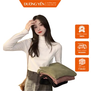 Áo giữ nhiệt nữ cổ 3 phân lót nỉ cao cấp, Áo thun lót nỉ cổ lọ chất thun lạnh cản gió giữ ấm hiệu quả