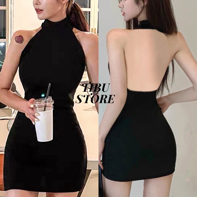 Đầm Body Cổ Yếm TIBU, Váy Nữ Hở Lưng Tôn Dáng Gơi Cảm Sexy Màu Đen Dự Tiệc Đi Chơi