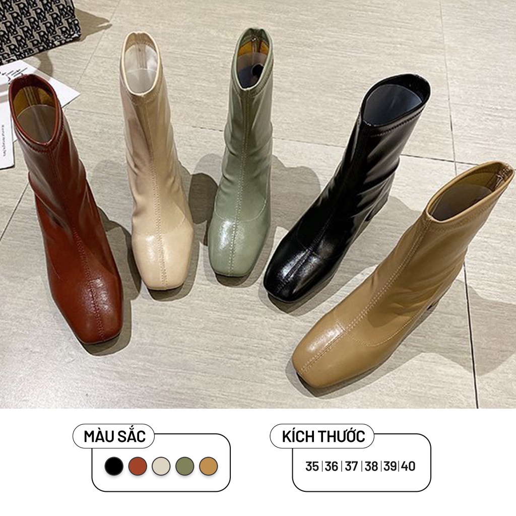 Giày Bốt Martin Nữ Ulzzang, Giày Bốt Da Mũi Vuông Cổ Ngắn Gót Vuông Dày 3cm Vintage, Hàn Quốc - Iclassy_shoes