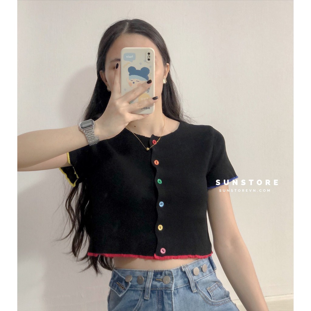 Áo croptop ôm len dệt kim tay ngắn viền màu sắc 2 màu Ulzzang