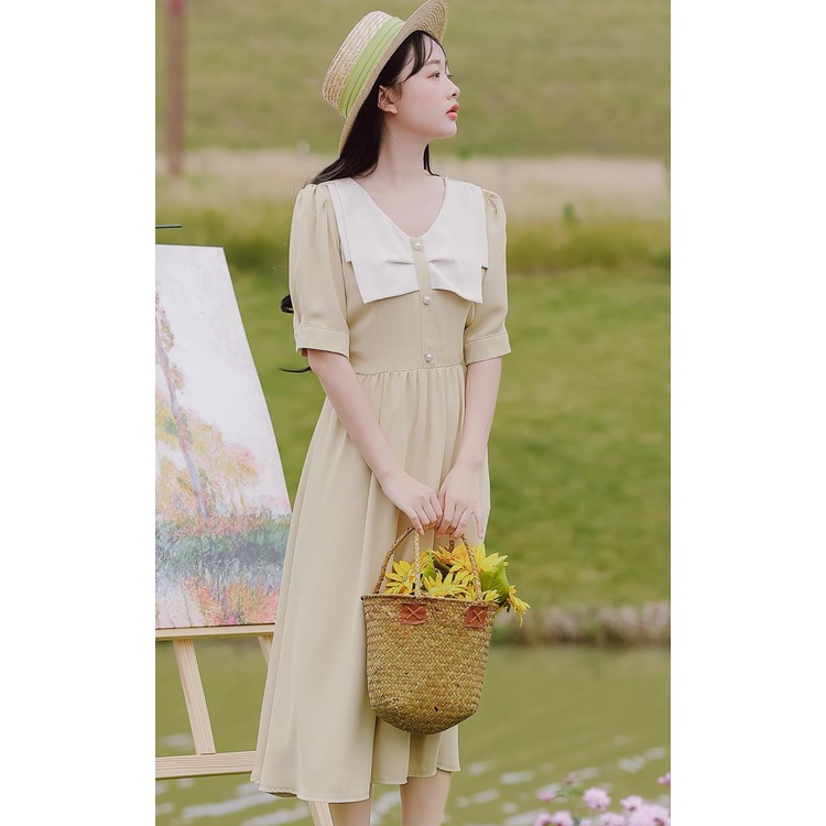 Đầm Midi Chữ A Mùa Hè Phong Cách Retro Kiểu Pháp Thanh Lịch Hàng Mới