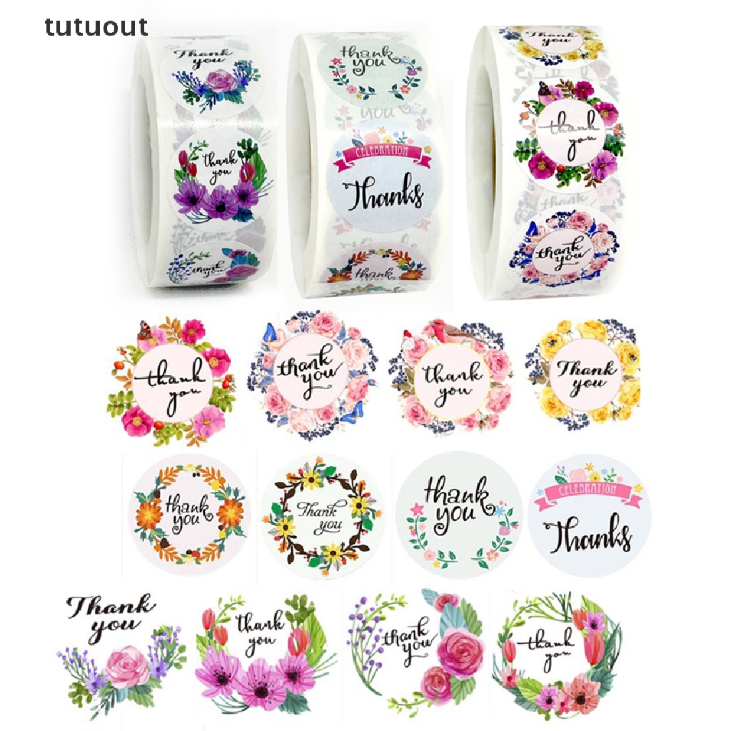 Cuộn 500 Hình Dán Chữ Thank You Và Hoa Độc Đáo Dùng Trang Trí Quà Tặng DIY