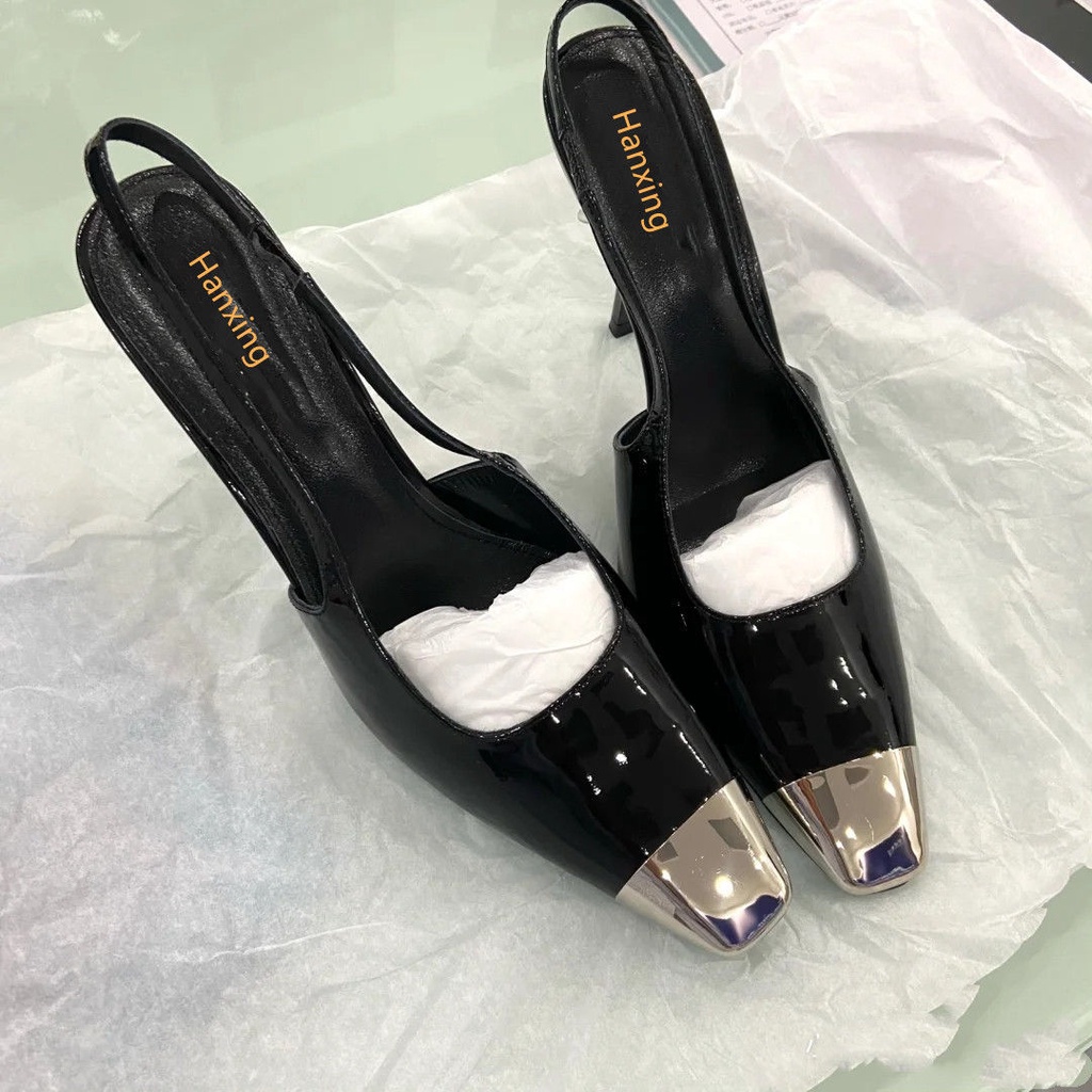 Giày Cao Gót Mũi Vuông Bằng Da Bóng Phối Sắt Thời Trang Quyến Rũ Cho Nữ Size 34-39 4 Kiểu