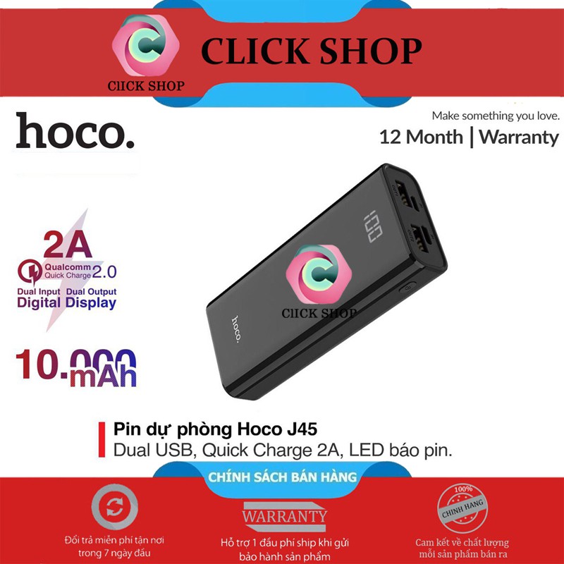 Hoco J45 Sạc dự phòng 10.000mAh hoco J45 màn hình LCD hiển thi dung lượng pin có 2 cổng vào và 2 cổng ra