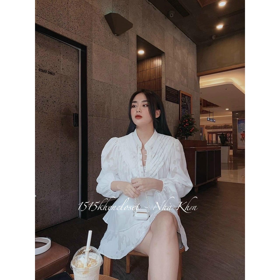 Set áo voan hoa xếp quần váy