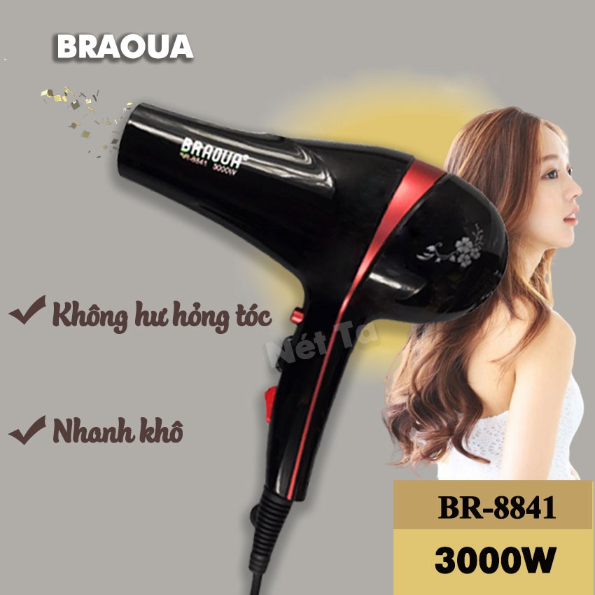 Máy sấy tóc BRAOUABR-8841 công suất mạnh mẽ 3000W chuyên nghiệp với hai chiều sấy nóng lạnh điều chỉnh tốc độ linh hoạt