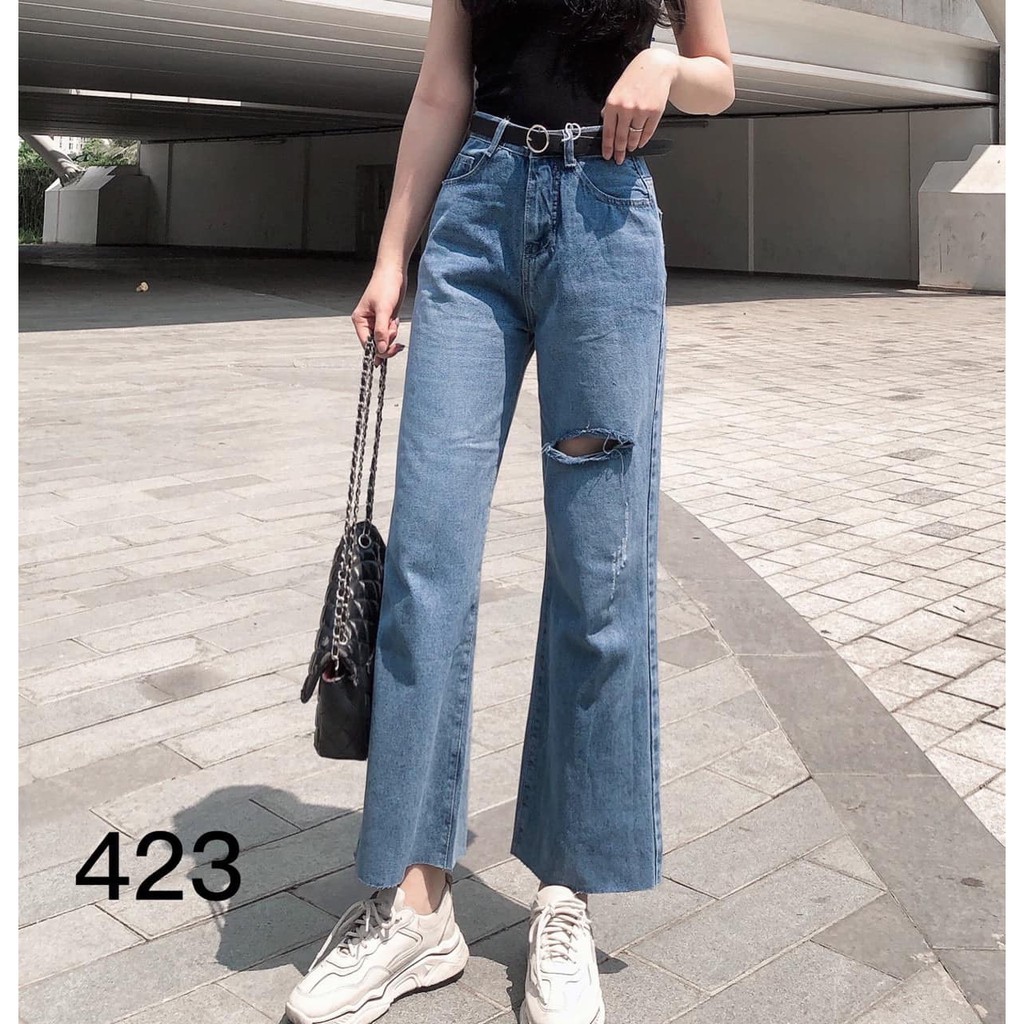 FS50K_Quần Jeans Nữ Ống Rộng Phối Rách OHS423