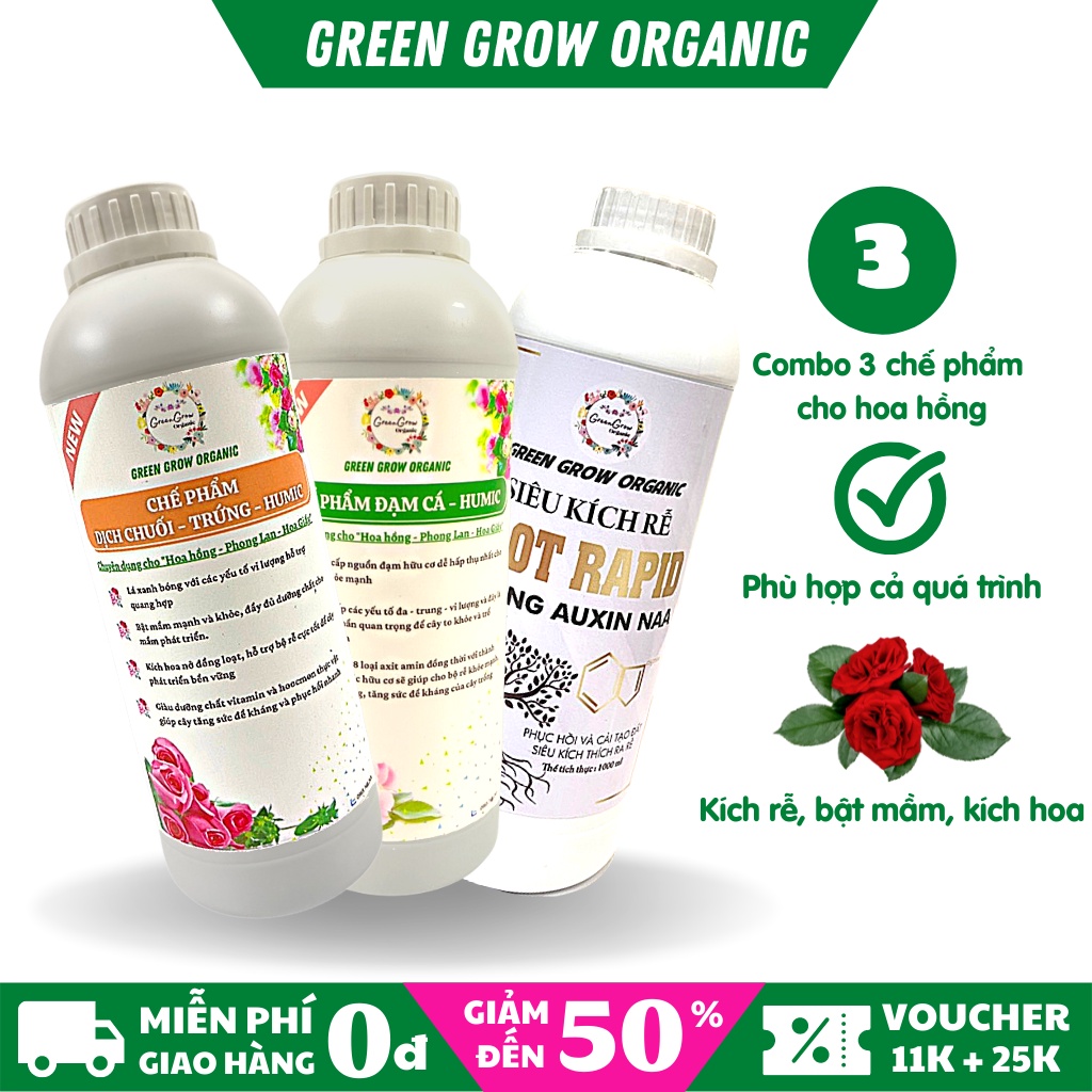 Combo phân đạm cá, dịch chuối trứng, siêu kích rễ Root Rapid Green Grow Organic mỗi chai 1 lít, phân bón hữu cơ vi sinh