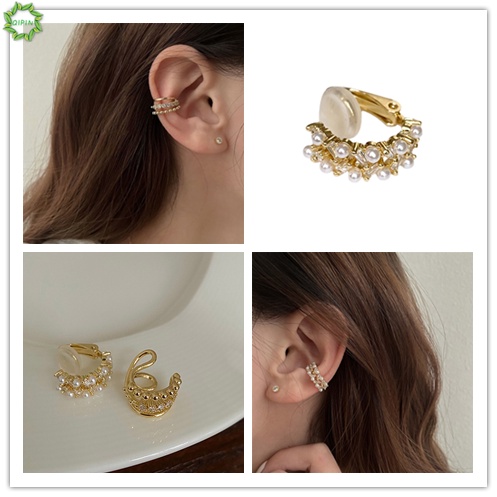 1 khuyên tai dạng kẹp đính ngọc trai giả nhiều lớp bằng đồng phong cách Hàn Quốc