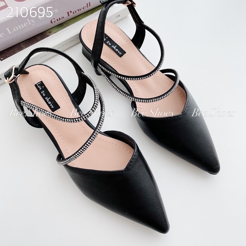 BEESHOES- GIÀY CAO GÓT MŨI NGỌN ĐẾ TRỤ CAO 5 PHÂN - GIÀY CAO GÓT DA MỀM DỄ ĐI ÊM CHÂN DÂY QUAI ĐÁ SẴN MÀU ĐEN -KEM 21069