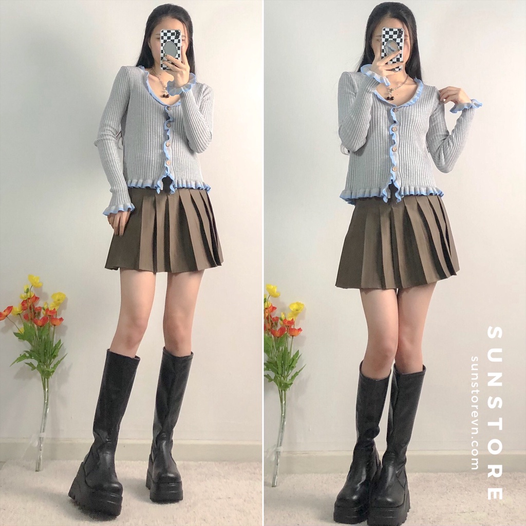 Áo thun tay dài bèo màu xám chất thun co giãn Ulzzang