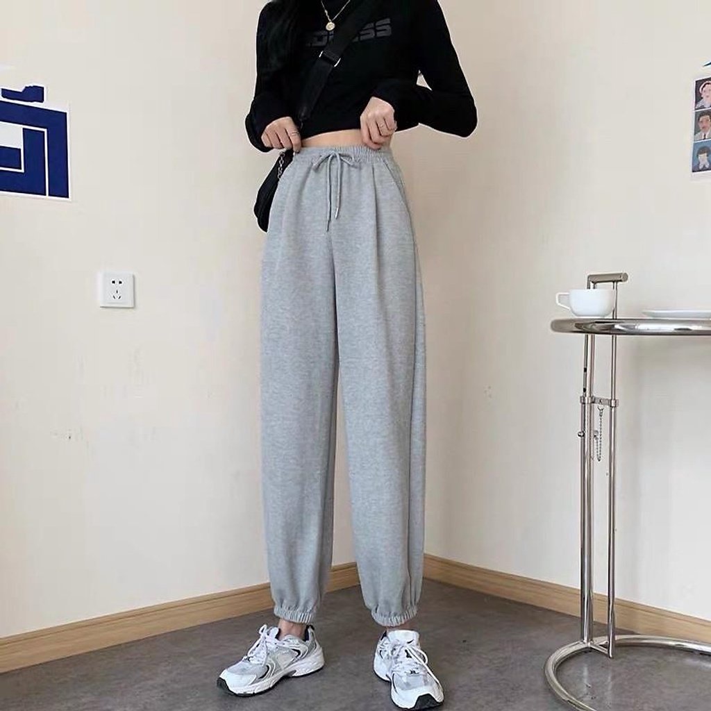 Quần jogger ống rộng phong cách thể thao nữ ống rộng bo gấu chất liệu da cá phong cách cá tính