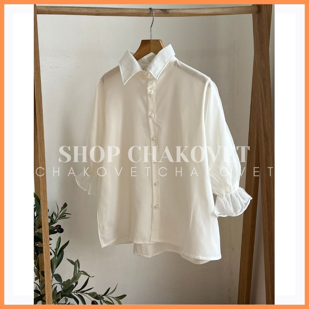 Áo sơ mi nữ tay lỡ màu trắng A8131, kiểu áo nữ cúc ngọc tay bo chun tiểu thư sang chảnh phong cách thời trang hàn quốc | BigBuy360 - bigbuy360.vn