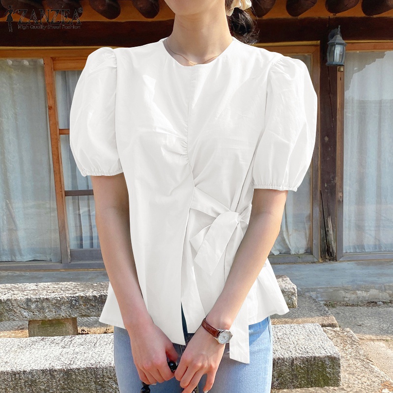 Áo kiểu Zanzea tay ngắn cổ tròn cột dây cài nút phong cách hàn quốc dành cho nữ
