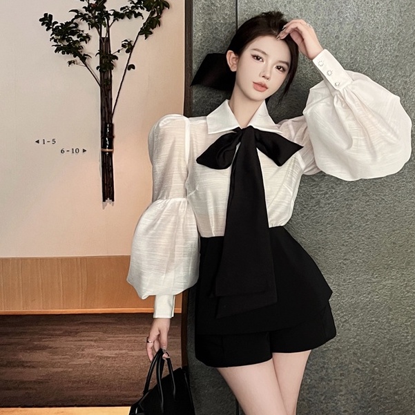 Bộ Áo Sơ Mi Trắng Tay Dài Phồng Đính Nơ + Chân Váy Đen Eo Cao Thời Trang Thu Đông Hàn Quốc Cho Nữ