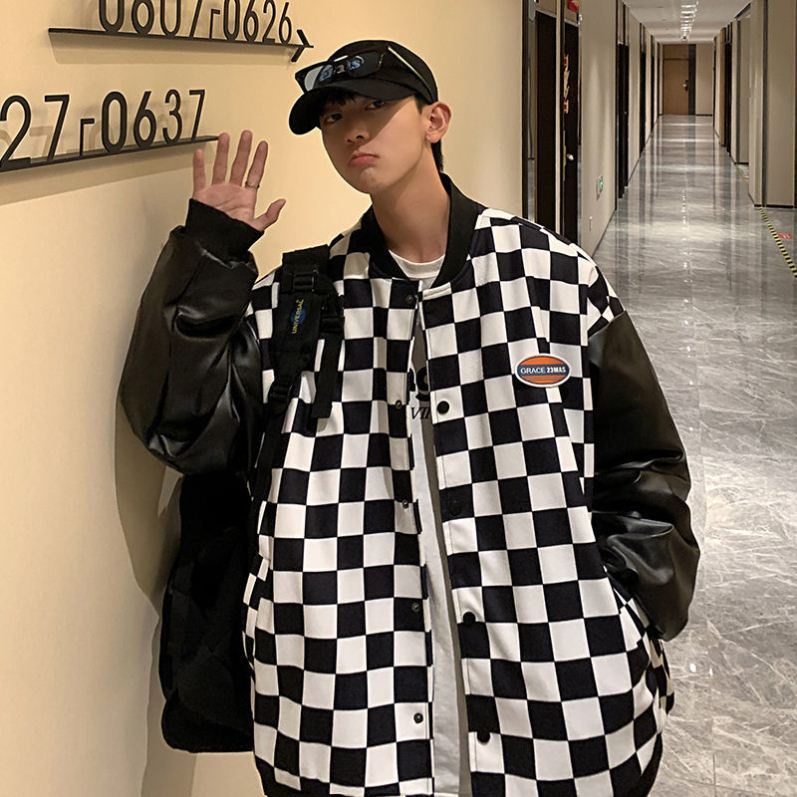 Áo khoác bomber làm từ da họa tiết ca rô thời trang cá tính trẻ trung cho nam và nữ