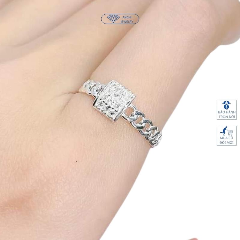 Nhẫn nữ mặt vuông thân xích đính đa, chuẩn bạc ta, Anchi jewelry