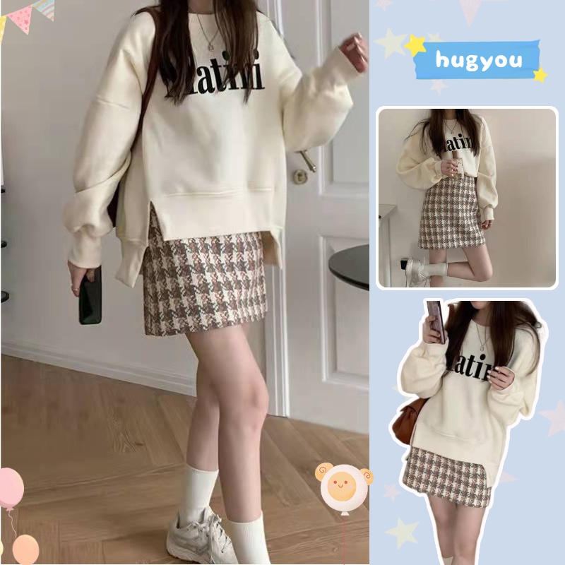 Set áo hoodie dài tay và chân váy tweed họa tiết sọc caro kiểu Hàn trẻ trung (có bán lẻ)