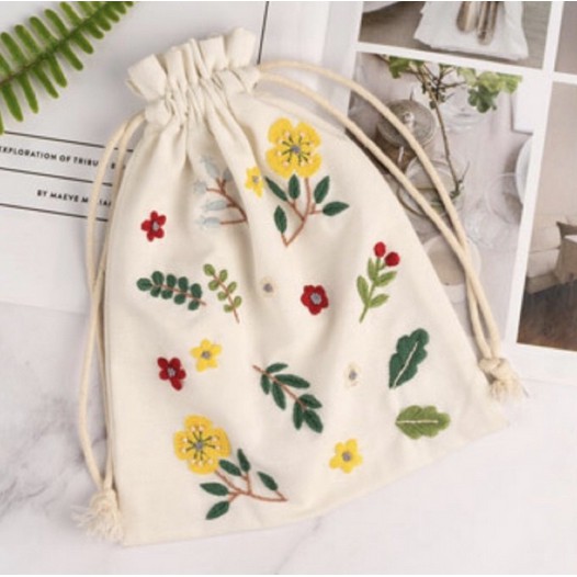 Bộ kit nguyên liệu túi thêu dây rút / Tote hoa lá vintage tự thêu đầy đủ handmade decor nhà cửa MIE Handmade