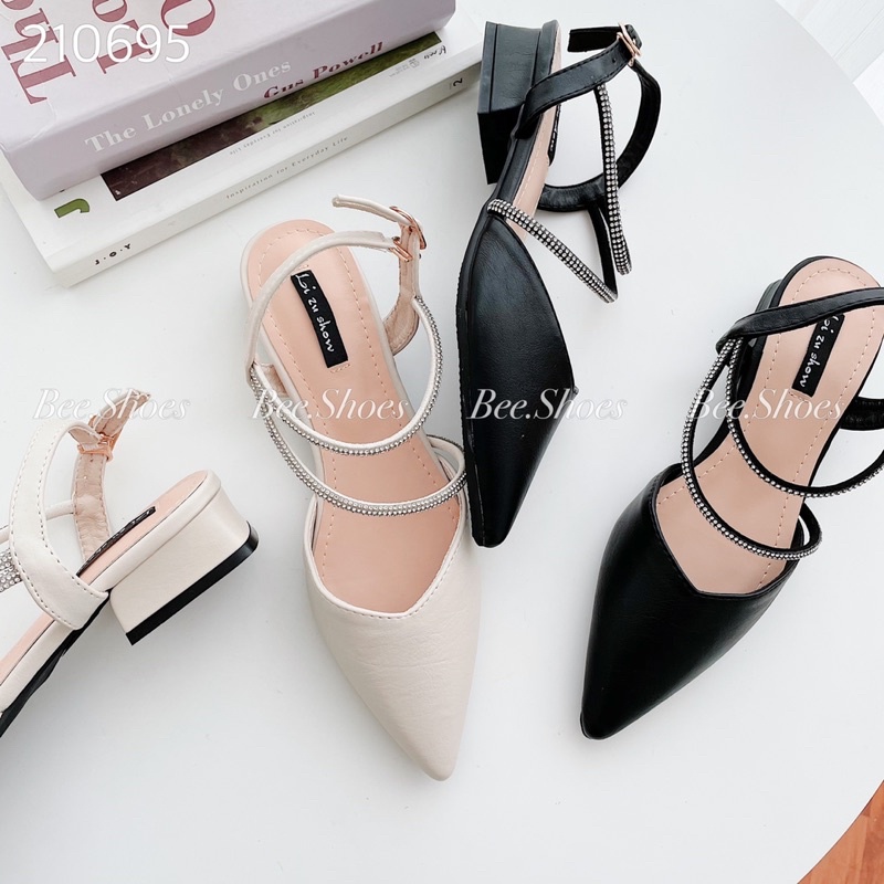 BEESHOES- GIÀY CAO GÓT MŨI NGỌN ĐẾ TRỤ CAO 5 PHÂN - GIÀY CAO GÓT DA MỀM DỄ ĐI ÊM CHÂN DÂY QUAI ĐÁ SẴN MÀU ĐEN -KEM 21069