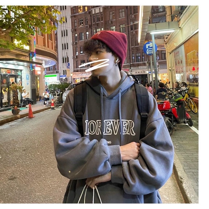 Áo Hoodie Unisex Nỉ Bông FOREVER Xám Khói Tay Dài Túi Bụng