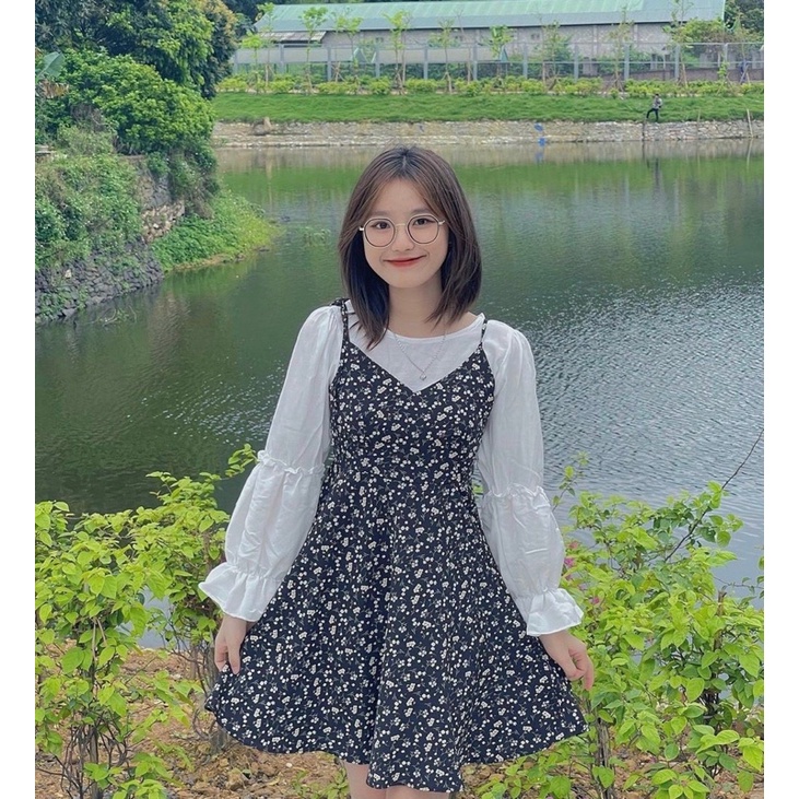 ❤️SET áo voan trắng + yếm hoa nhí đen tiểu thư MeiHome🥰