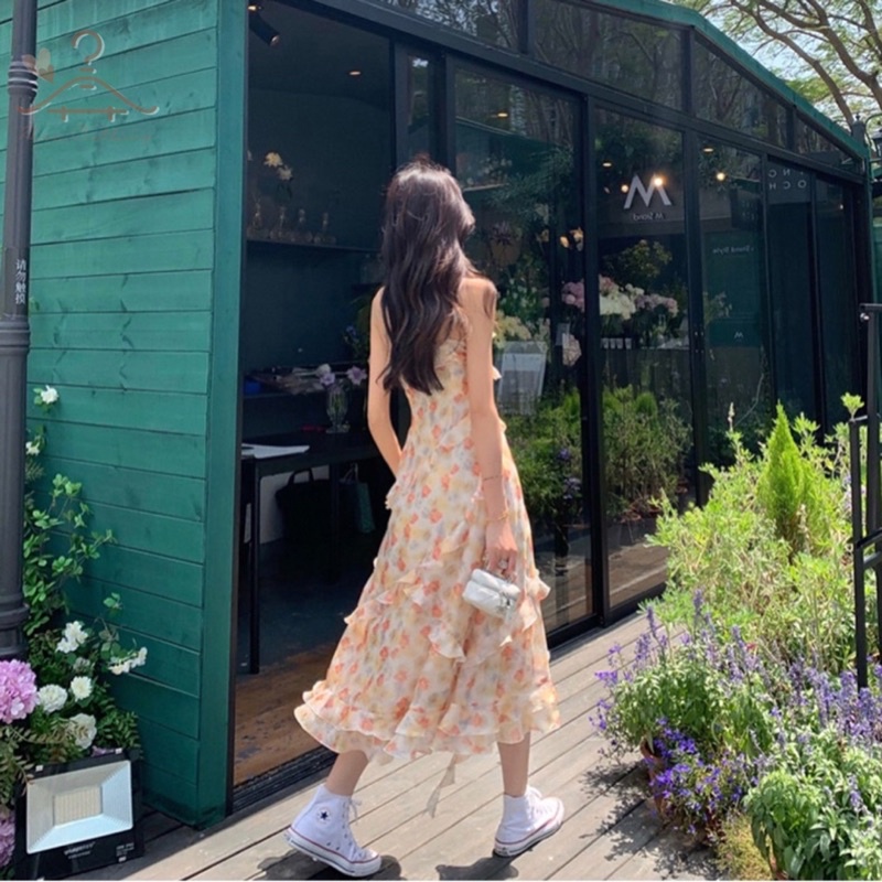 Đầm hai dây hoa xẻ tà tầng chéo ngọt ngào, váy hai dây đi biển