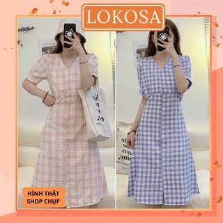 Đầm Công Sở Thu Đông LOKOSA Váy Dự tiệc kẻ caro Cổ V suông tay ngắn dài qua gối Trẻ Trung Cao cấp Hàn Quốc đi chơi VD046
