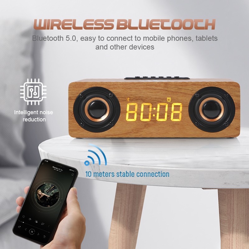 Loa Sạc Không Dây Bluetooth 5.0 Loa Siêu Trầm Di Động Bằng Gỗ HiFi，Hỗ Trợ Đồng Hồ Báo Thức + Đĩa U + Chức Năng Thẻ TF