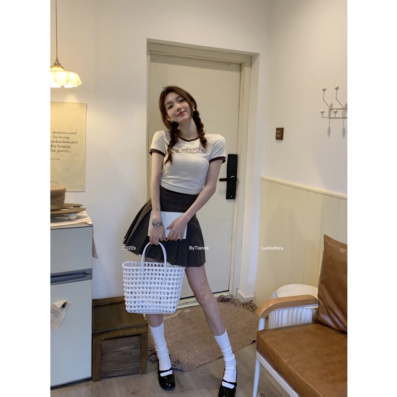 Cocory vn Áo Croptop Ngắn Tay In Chữ Phong Cách Retro Thời Trang Mùa Hè Quyến Rũ Cho Nữ
