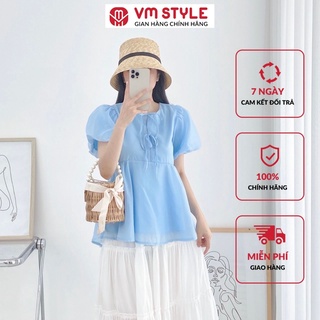 Áo babydoll xanh lá VMSTYLE nữ kiểu tay phồng, BBD cột 2 nơ giữa vạt xòe 020569 22SU012X1202