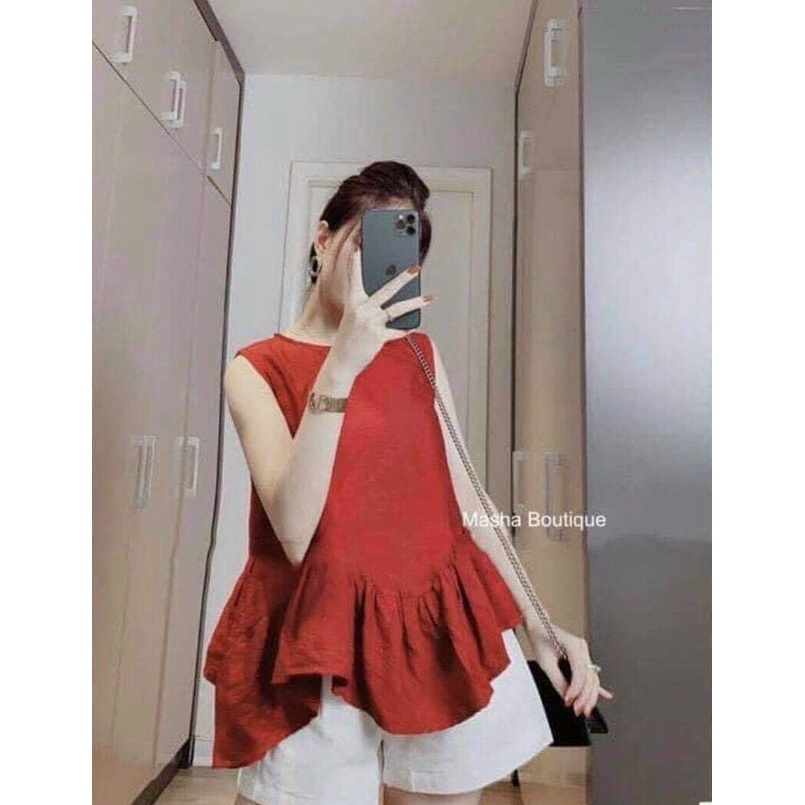 Sét Bộ Đũi Cổ Tròn Họa Tiết Áo Xòe Màu Đỏ Phối Quần Đùi Trắng Cực Xinh Dễ Thương