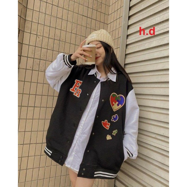 Áo Khoác Bomber FN Tim cúc bấm nam nữJacket Unisex Chất nỉ vs gió Form &lt;60kgÁo Bóng Chày Phong cách Thể thao