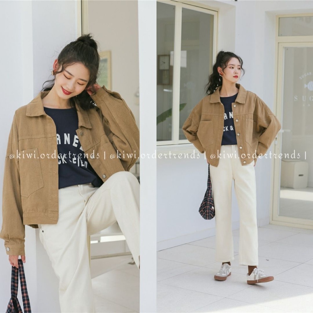 Áo khoác kaki jean dáng lửng Be, Nâu | Kiwi.ordertrends - Hàng mới về