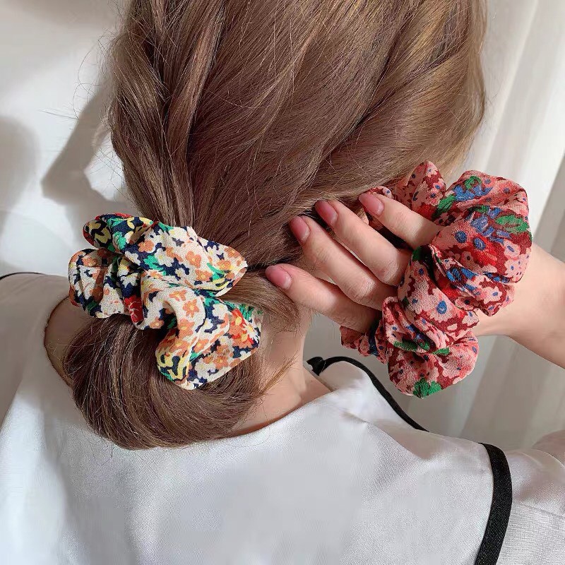 Dây buộc tóc vải scrunchies vải voan họa tiết hoa nhí vintage