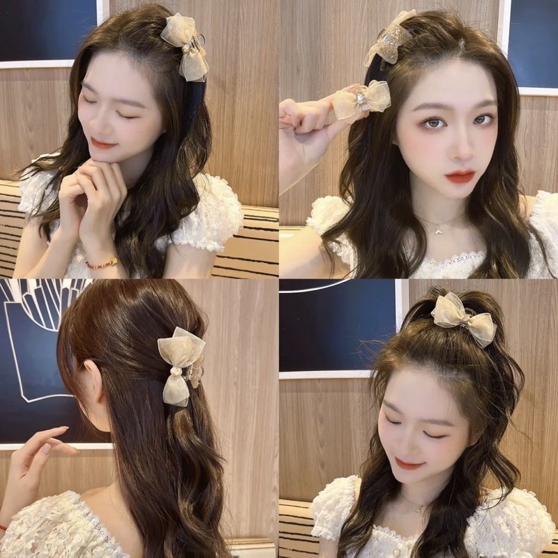 Kẹp tóc nơ lưới đính đá đính ngọc dễ thương, kẹp tóc mái sau đầu cho nữ phong cách Hàn Quốc
