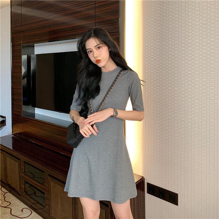 Váy tay ngắn dáng chữ A màu trơn thời trang phong cách Hàn Quốc