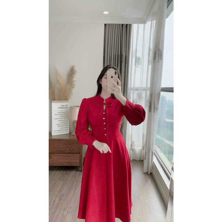 VÁY NHUNG TĂM ĐỎ XÒE TIỂU THƯ