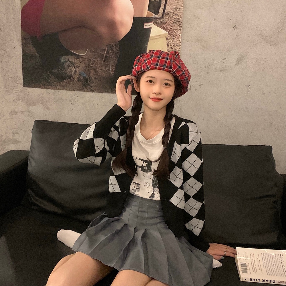 SUXI Áo Khoác Cardigan Dệt Kim Tay Dài Cổ Chữ V Kẻ Sọc Ca Rô Dáng Ôm Thời Trang Mùa Thu Cho Nữ