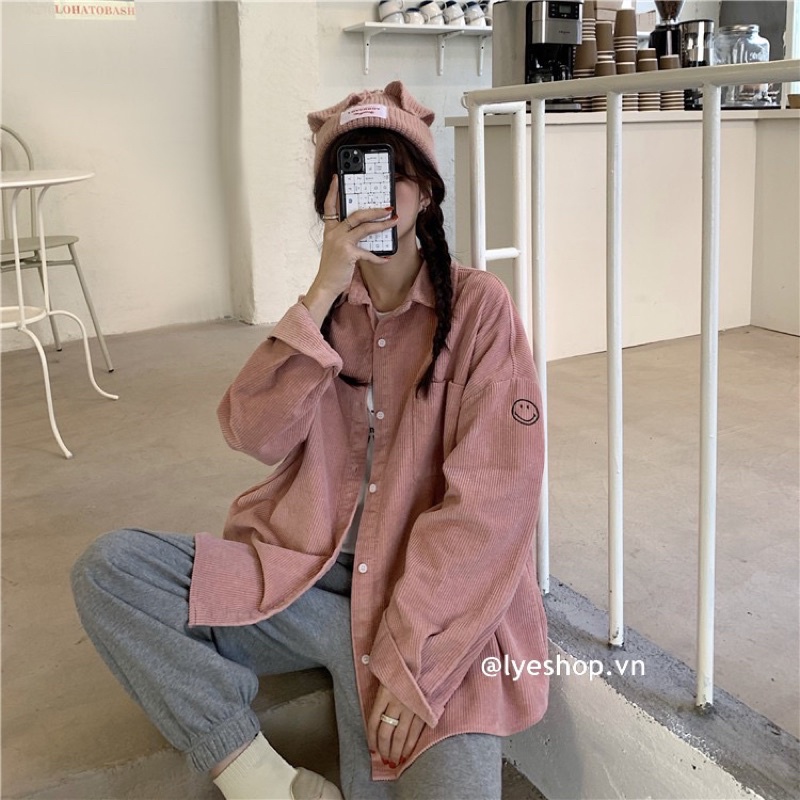 Áo sơ mi nhung thêu mặt cười style Ulzzang